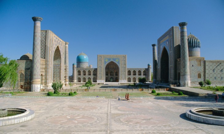 Timur's Registan noblest public square in the world - The Registan in Samarkand. The result of the coming together of craftsmen and builders from across the empire. Photograph Alamy via The Guardian