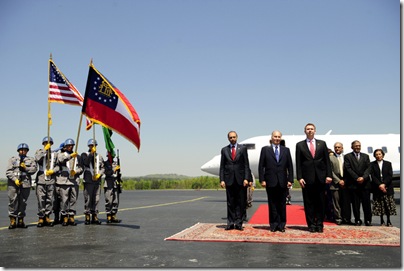 A band greeted him with the Ismaili anthem and the U.S. national anthem, and a representative from Gov. Sonny Perdue's office as well as local politicians were on hand to welcome him.