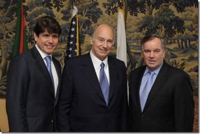 His Highness the Aga Khan with Governor Rod Blagojevich of Illinois and Mayor Richard Daley of Chicago at a luncheon hosted by the Governor in honour of Hazar Imam's Golden Jubilee.