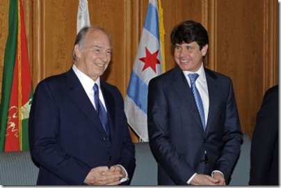 His Highness the Aga Khan with Illinois Governor Rod Blagojevich at the Mid-America Club in Chicago.