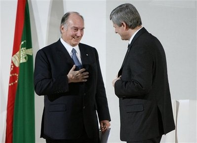 The Aga Khan, the 49th Hereditary Imam of the Shia Imami Ismaili Muslims, left, and Prime Minister Stephen Harper talk during the opening ceremony of the new Delegation of Ismaili Imamat in Ottawa on Saturday Dec. 6, 2008. The delegation will serve as the headquarters for the humanitarian efforts of the Aga Khan Development Network.  AP Photo The Canadian Press, Sean Kilpatrick