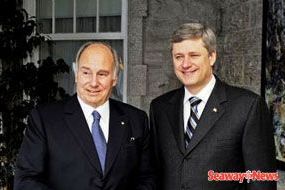 His Highness Aga Khan (left) with Prime Minister Stephen Harper during Khan’s recent visit to Canada. Seaway News photo