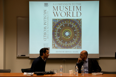 Launch at Concordia University, Montreal, October 11, 2009.  Dr. Amyn B.Sajoo (on the right) interviewed by Feridun Adel (on the left).  (Picture by Shaher Kassam / Source: Ismaili Institutional Newsletter)