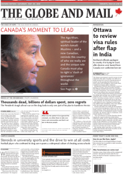 His Highness the Aga Khan on the Globe and Mail front page
