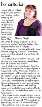 Humanitarian: Munira Nagji - YMCA Calgary 2010 Peace Medals