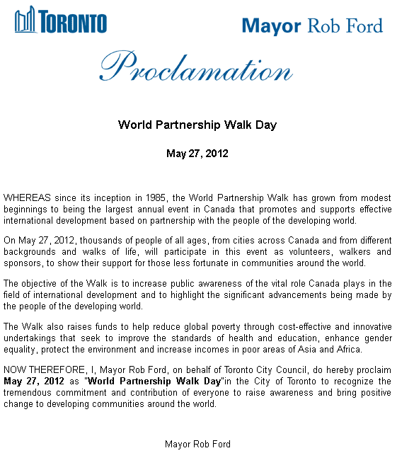Toronto Mayor's Proclamation - May 27, 2012 "World Partnership Walk Day"