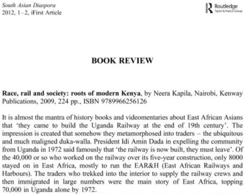 Book Review by Vali Jamal: Race, rail and society: Roots of modern Kenya reviewed Book Review by Vali Jamal: Race, rail and society: Roots of modern Kenya reviewed
