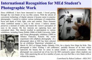 Raheel Lakhani: International Recognition for MEd Student's Photographic Work