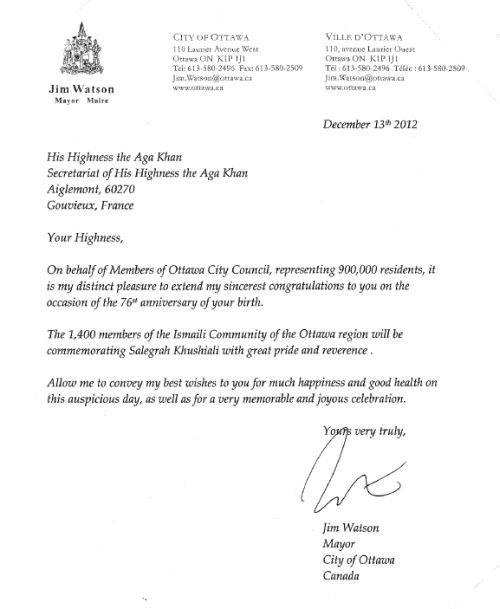 Mayor of Ottawa Jim Watson sends Birthday Greetings to His Highness the Aga Khan Mayor Jim Watson greeting to the Aga Khan