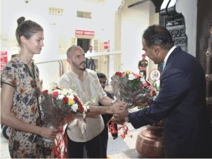 June 2012: Visit of HH Prince Rahim Aga Khan to City Palace Museum, Udaipur, India Adityaveer Singh greeting Prince Rahim Aga Khan and Kendra Spears