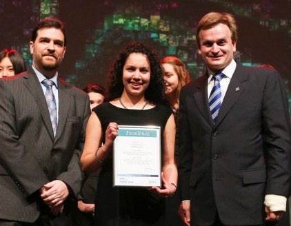 British Columbia winner of the 20th annual Sanofi BioGENEius Challenge Canada Selin Jessa, of Coquitlam, BC, with Robert Quesnel, Vice President and General Counsel, Legal and Corporate Affairs, Sanofi Canada (left) and MP Andrew Saxton, MP for North Vancouver and Parliamentary Secretary to the President of the Treasury Board and for Western Economic Diversification Canada (right) at the Vancouver Convention Centre last night. Selin engineered a specific mutation in a protein of HIV-1 that may one day help HIV patients fight the infection without medication.