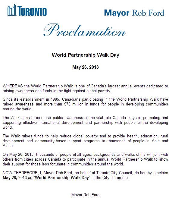 City of Toronto Proclaims May 26, 2013 A World Partnership Walk Day City of Toronto Proclaims May 26, 2013 A World Partnership Walk Day