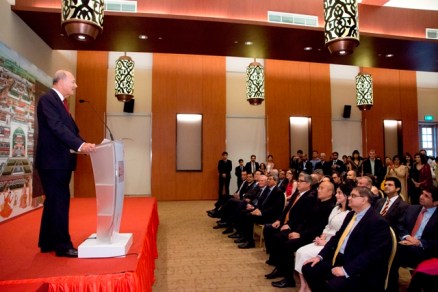 Prince Amyn Aga Khan speaking at the opening of the Treasures of the Aga Khan Museum exhibit in Singapore on 18 July 2012. Seated right right hand corner: Dr Reshma and Mr Aziz Merchant.