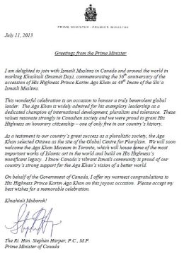 Prime Minister of Canada, Stephen Harper sends Imamat Day Greetings