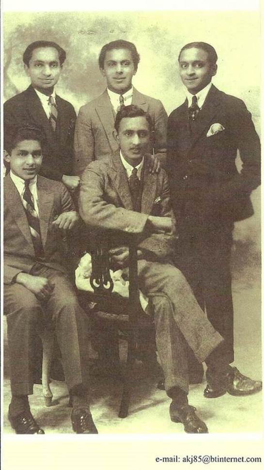 Lord Rumi’s family: Treasure Trove of Historical Photographs and details from Ameer Janmohamed Studio photo shows some of the Verjee boys who were studying in the UK in the 1930s. Standing from left: Rumi’s grandfather Rajabali Kassam Suleman Verjee, Hassanali Hussein Suleman Verjee and Gulamali Madatali Suleman Verjee. Seated John Hussein Suleman Verjee and my father Kassam Janmohamed Hasham Verjee.