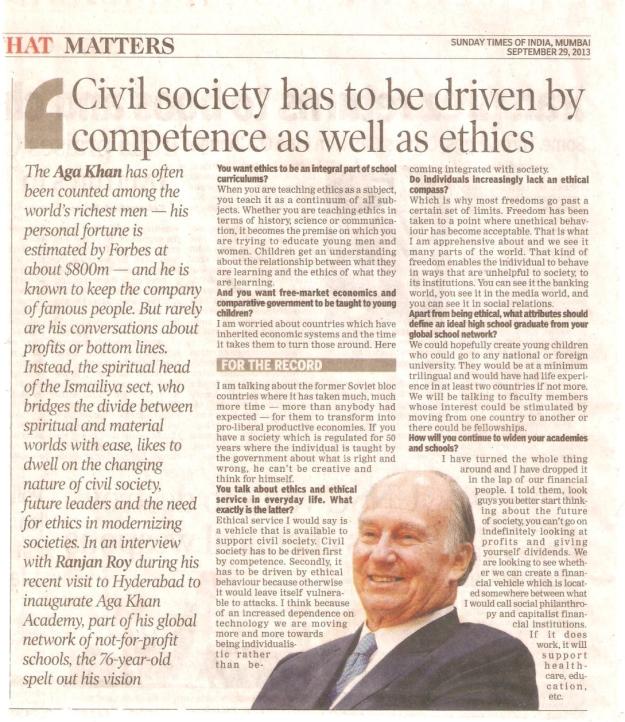 Sunday Times of India: Interview with His Highness the Aga Khan