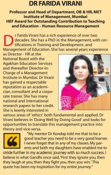 Dr. Farida Virani receives Award for her  outstanding contribution to Teaching and Education in Human Resources Management