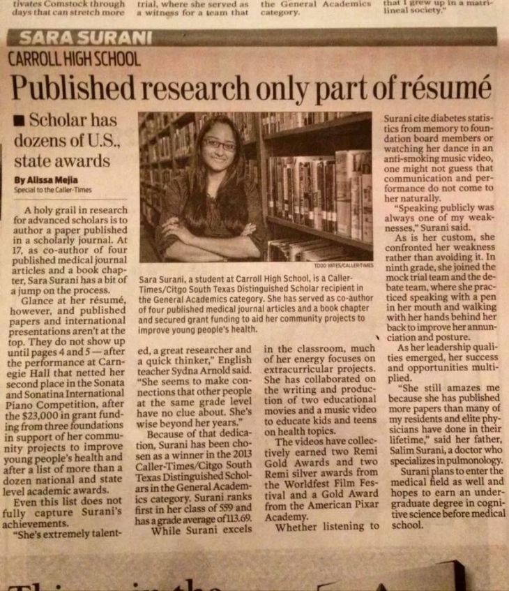 Sara Surani: Published research only part of resume - Scholar has dozens of U.S. state awards Sara Surani: Published research only part of resume - Scholar has dozens of U.S. state awards