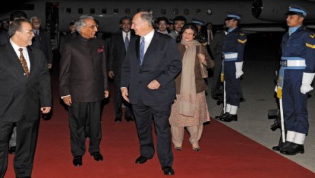 Upon his arrival in Islamabad, Mawlana Hazar Imam is received by Tariq Fatemi, Special Assistant to the Prime Minister on Foreign Affairs, and Aitmadi Iqbal Sadru-Dean Walji, President of the Ismaili Council for Pakistan. Photo: TheIsmaili / Gary Otte