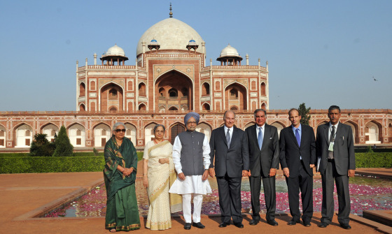 From Ismailimail Archives: New Delhi, India September 18, 2013. <br /> The Prime Minister, Dr. Manmohan Singh, with His Highness Prince Karim Aga Khan and his son Prince Huassain, and the Union Minister for Culture, Smt. Chandresh Kumari Katoch and Ratan Tata at the Humayun' s Tomb