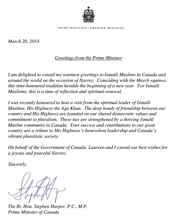 Canadian Prime Minister Stephen Harper sends best wishes for a joyous and peaceful Navroz to the Ismaili Community Canadian Prime Minister Stephen Harper sends best wishes for a joyous and peaceful Navroz to the Ismaili Community