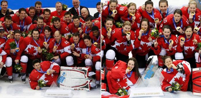 Canada's Men and Women Hockey Teams celebrating and wearing their gold medals in stride – 2014 Winter Olympic Games, Sochi, Russia.