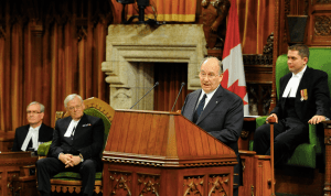 His Highness the Aga Khan delivers a historic address to a joint session of the Parliament of Canada on 27 February 2014, at the invitation of Prime Minister Stephen Harper. - Photo: AKDN / Gary Otte