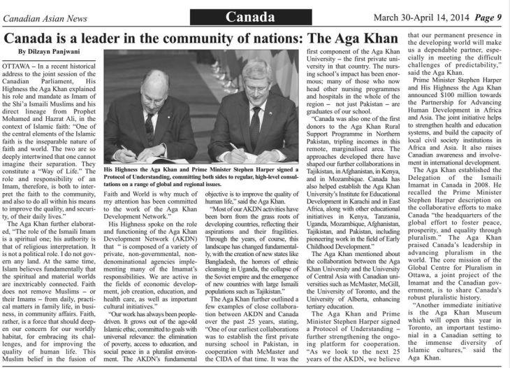 Canada is a Leader in the Community of Nations: The Aga Khan