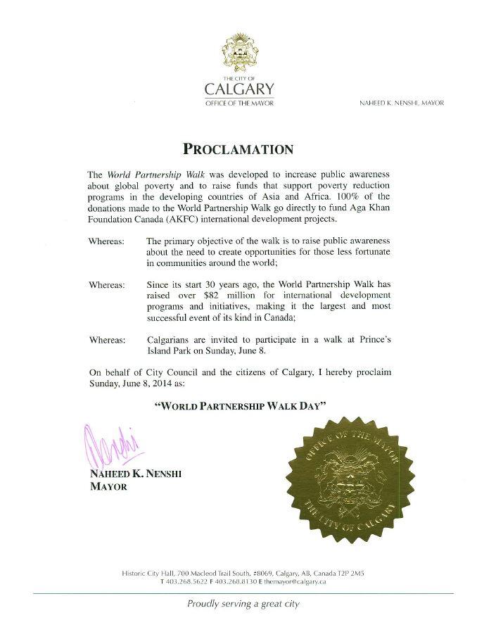 Mayor of Calgary Canada proclaims June 8 2014 as World Partnership Walk Day