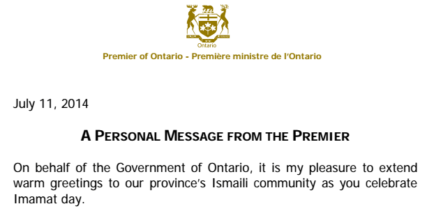 Premier of Ontario, Canada, Kathleen Wynne Wishes Happy and Meaningful Imamat Day