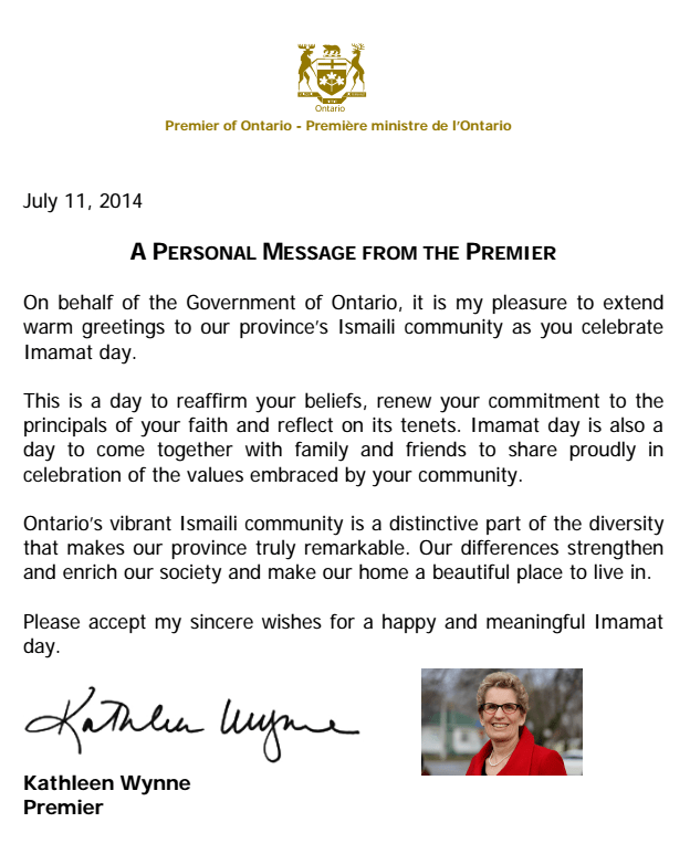 Premier of Ontario, Canada, Kathleen Wynne Wishes Happy and Meaningful Imamat Day