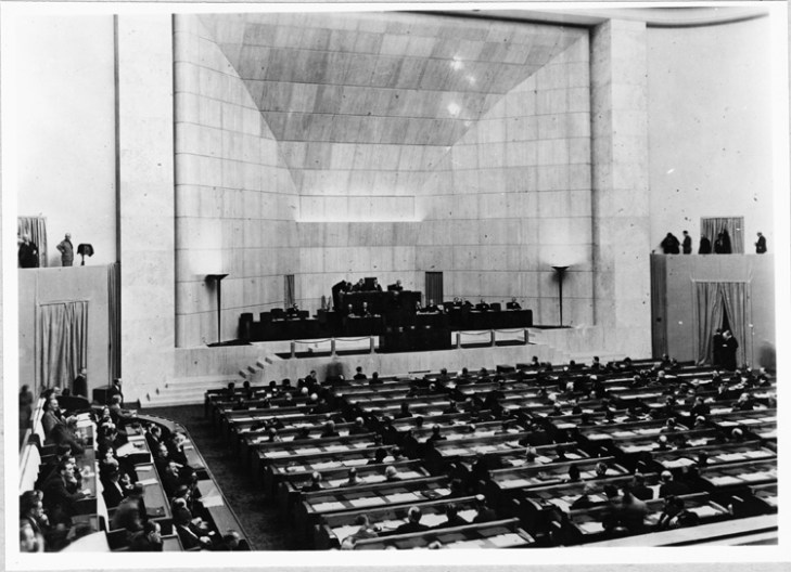 18 Assembly - 1st Session in the new hall, showing His Highness Aga Sir Sultan Muhammad Shah, Aga Khan III in the Presidential Chair. Geneva 1937 - Photo League of Nations Archive