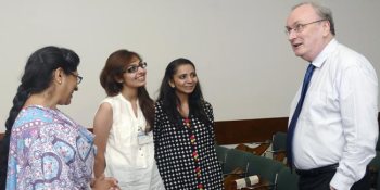 Dr Keith Cash, Dean SONAM and Salma Rattani, Director, BScN programme share a light moment with Anum Shiraz (second from right) and Sehrish Parwaiz (third from right)