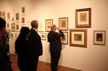 Aisha Khalid with Canadian Prime Minister Stephen Harper and His Highness The Agha Khan showing her 59 Paintings from the period 1998-2014 being on display at Agha Khan Museum, Toronto