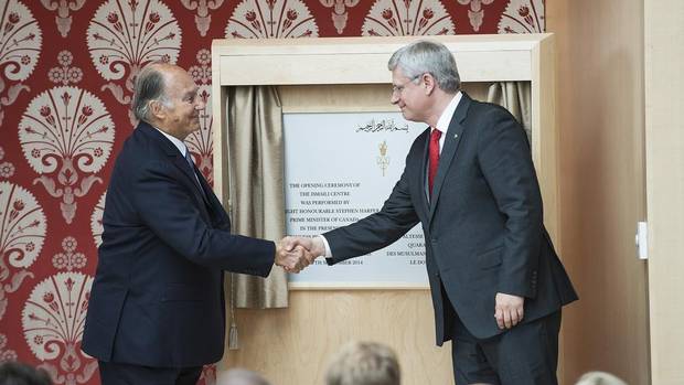 Canadian Prime Minister Stephen Harper shakes hands with His Highness the Aga Khan, the 49th hereditary Imam of the Ismaili Muslims, at the opening of the Ismaili Centre Toronto and the Aga Khan Museum in Toronto on Friday, September 12, 2014. (Aaron Vincent Elkaim/THE CANADIAN PRESS)