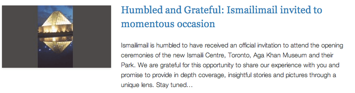 IM Reporting from TO - Humbled and Grateful - Ismailimail invited to momentous occasion