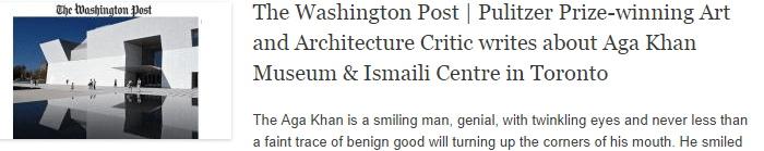 The Washington Post | Pulitzer Prize-winning Art and Architecture Critic writes about Aga Khan Museum & Ismaili Centre in Toronto The Washington Post | Pulitzer Prize-winning Art and Architecture Critic writes about Aga Khan Museum & Ismaili Centre in Toronto