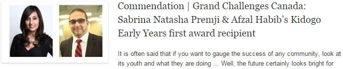 Commendation | Grand Challenges Canada: Sabrina Natasha Premji & Afzal Habib’s Kidogo Early Years first award recipient