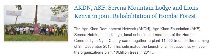 AKDN, AKF, Serena Mountain Lodge and Lions Kenya in joint Rehabilitation of Hombe Forest