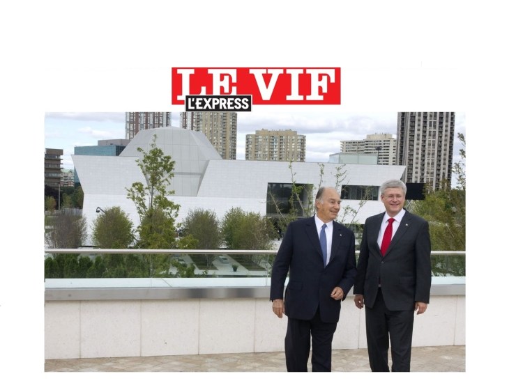 His Highness Prince Karim Aga Khan with Canadian Prime Minister Stephen Harper at the roof-top terrace of the Ismaili Centre, Toronto overlooking the Aga Khan Museum in the background. [Image ©  Le Vife L'Express/Reuters]