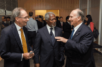 Ottawa, Canada. May 2014: His Highness Prince Karim Aga Khan IV, Founder & Chairman of the Board of the Global Centre of the Pluralism (GCP), Kofi Annan, a member of the GCP Board with Secretary General of the GCP, John McNee, shortly after Mr Anan delivered the Global Centre for Pluralism's second annual Pluralism Lecture. Image credit: Bonnie Findley / Global Centre for Pluralism