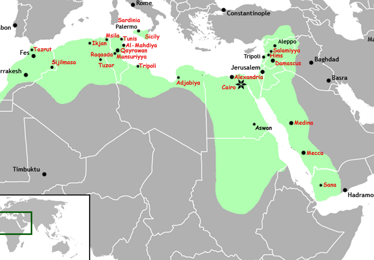 Extent of the Fatimid Caliphate: Egypt became the epicenter of the Fatimid empire that included at its peak North Africa, Sicily, Palestine, Lebanon, Syria, the Red Sea coast of Africa, Yemen and the Hejaz. Egypt flourished as the Fatimids developed an extensive trade and diplomatic network and ties which extended all the way to China in the east. Image via Wikipedia - click to enlarge