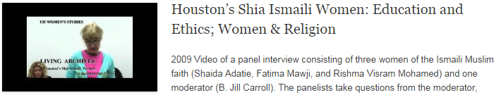 Houston’s Shia Ismaili Women: Education and Ethics; Women & Religion