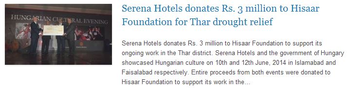 Serena Hotels donates Rs. 3 million to Hisaar Foundation for Thar drought relief