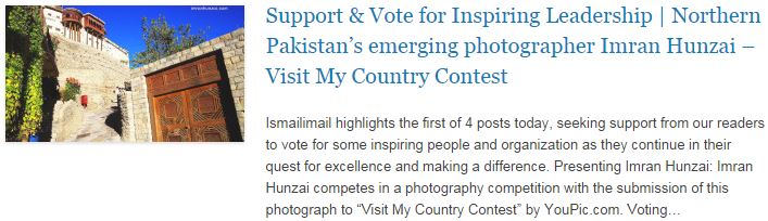 Support n Vote for Inspiring Leadership - Northern Pakistan’s emerging photographer Imran Hunzai – Visit My Country Contest