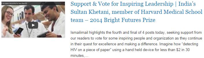 Support & Vote for Inspiring Leadership - India’s Sultan Khetani, member of Harvard Medical School team – 2014 Bright Futures Prize
