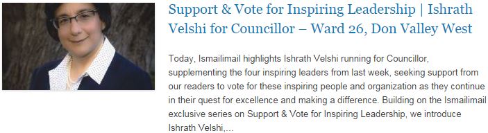 Support & Vote for Inspiring Leadership - Ishrath Velshi for Councillor – Ward 26, Don Valley West