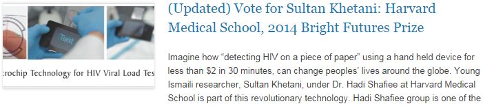 Vote for Sultan Khetani - Harvard Medical School, 2014 Bright Futures Prize