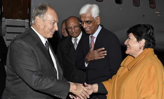 Mawlana Hazar Imam is welcomed to the Kyrgyz Republic by Ismaili Council President Sharofat Mamadambarova, and AKDN Representatives for Tajikistan and Kyrgyzstan Akbar Pesnani and Kassim-Lakha. (The Ismaili - AKDN / GARY OTTE)