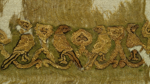 Qasab fragment with ducks and parrots Gauzy linen tabby with silk and gold tapestry Egypt Mid-11th century 980.78.111.A Wilkinson Collection, Gift of Albert and Federico Friedberg (ROM)